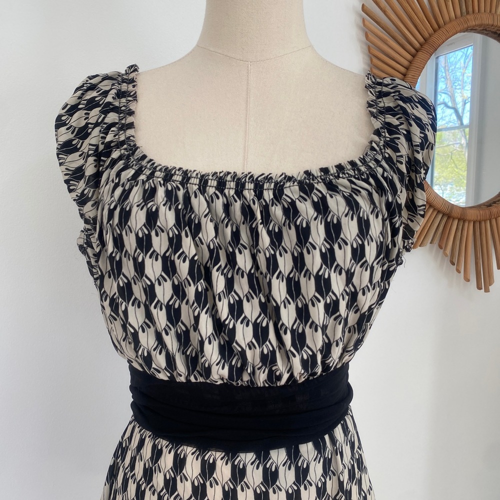 Vintage Y2K Boatneck Max Studio Petite Blouse Cream Black Pattern Office Siren - Picture 2 of 12